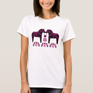 T-shirt 2 Chevaux de Dala folkloriques, noirs/roses/folks