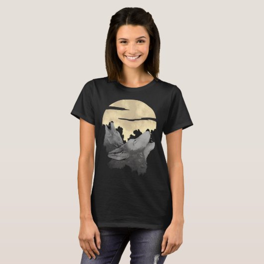 T-shirt 2 wolves howl the moon at night (Devant entier)