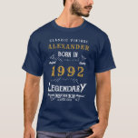 T-shirt 30th Birthday 1992 Ajouter Nom Blue Gold Legendary<br><div class="desc">30e anniversaire ajoutez votre nom Tshirt. Modifiez le nom et l'année avec le modèle fourni. Un magnifique T-shirt bleu d'anniversaire personnalisé. Plus de cadeaux et de fournitures de fête disponibles avec le design "légendaire" dans le magasin.</div>