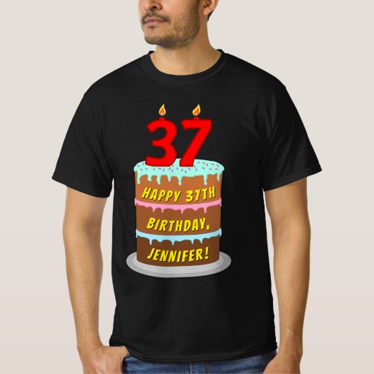 T-shirt 37e anniversaire — Fun Cake & Candles, avec nom pe (Devant)