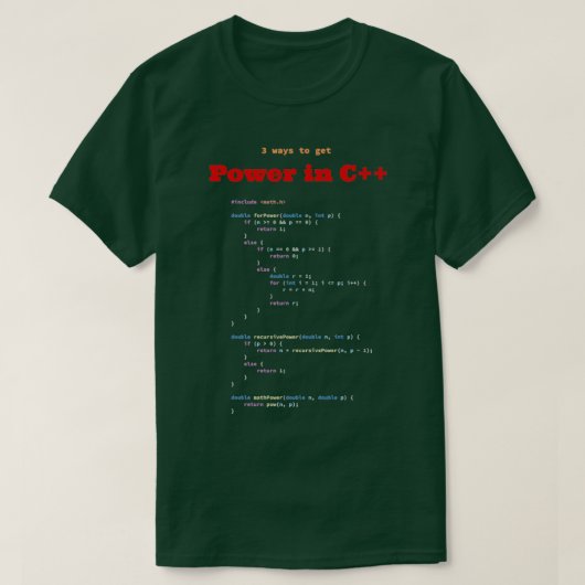 T-shirt 3 façons d'obtenir Power in C code source sombre L (Design devant)