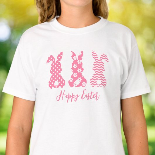 T-shirt 3 lapins de lapin rose et blanc | Bonne Pâques