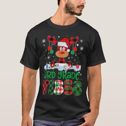 T-shirt 3rd Grade Vibes Teacher Buffalo Red Plaid Reindeer (Devant)