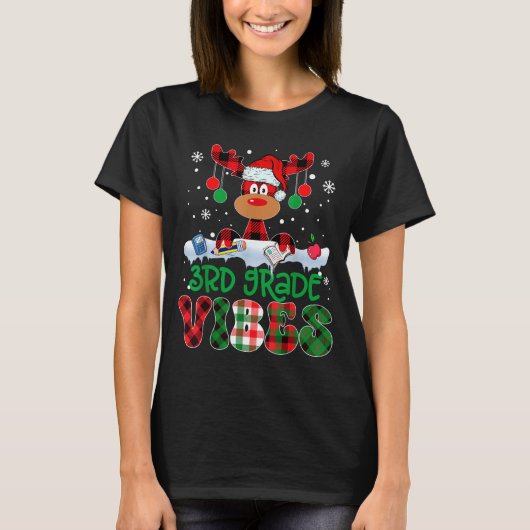 T-shirt 3rd Grade Vibes Teacher Buffalo Red Plaid Reindeer (Devant)