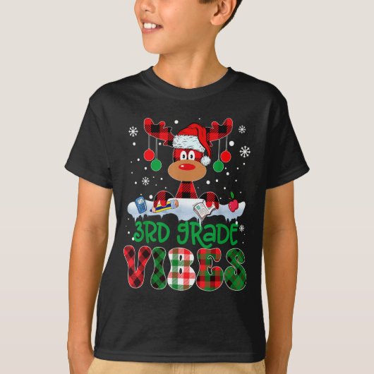 T-shirt 3rd Grade Vibes Teacher Buffalo Red Plaid Reindeer (Devant)