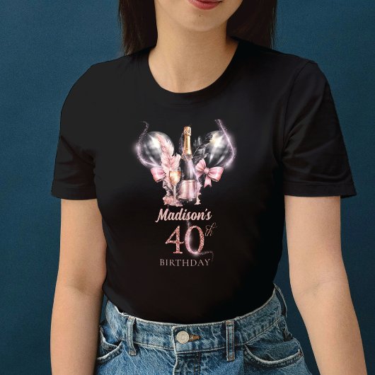 T-shirt 40e anniversaire de luxe Champagne noir rose