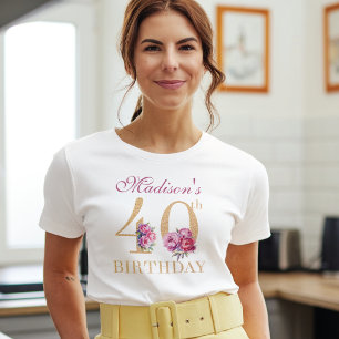 T-shirt 40e anniversaire Pink Peonies Gold Parties scintil
