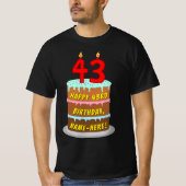 T-shirt 43rd Birthday — Fun Cake & Candles, w/ Custom Name (Devant)
