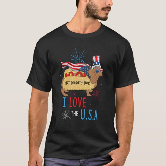 T-shirt 4 juillet Chien Hot Diggity J'Aime Les États-Unis (Devant)