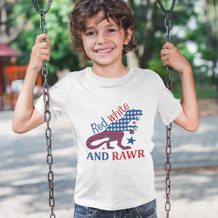 T-shirt 4 juillet Dinosaur Kid rouge blanc et brin