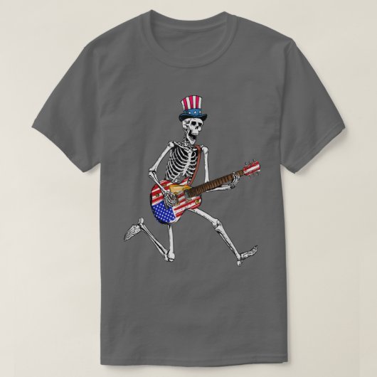 T-shirt 4 juillet Drôle Skeleton Jouer Guitare Américaine (Design devant)