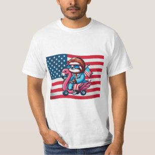 T-shirt 4 juillet Sloth Flamant rose Drapeau américain USA