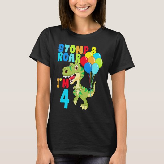 T-shirt 4e anniversaire garçons Dinosaur Stomp & Roar J'ai (Devant)