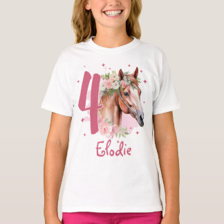 T-shirt 4th Birthday Girl Horse Pastel Pink Four Years