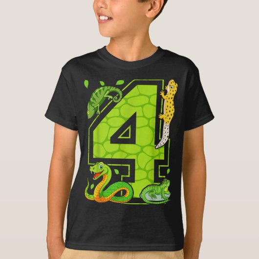 T-shirt 4th Birthday Snake Lizard Reptile 4 Year Old Party (Devant)