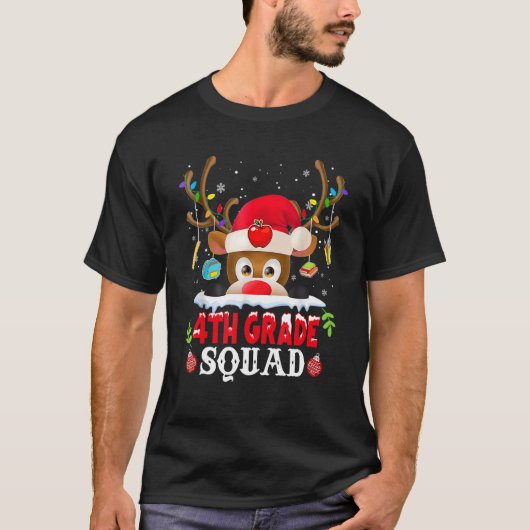 T-shirt 4th Grade Squad Plaid Reindeer Santa Hat Teacher C (Devant)