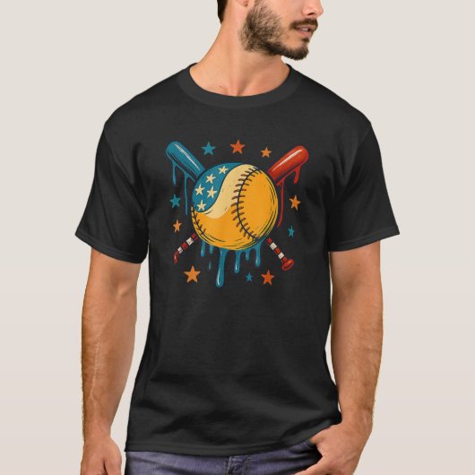 T-shirt 4th of July Baseball Drip Patriotic American Flag (Devant)