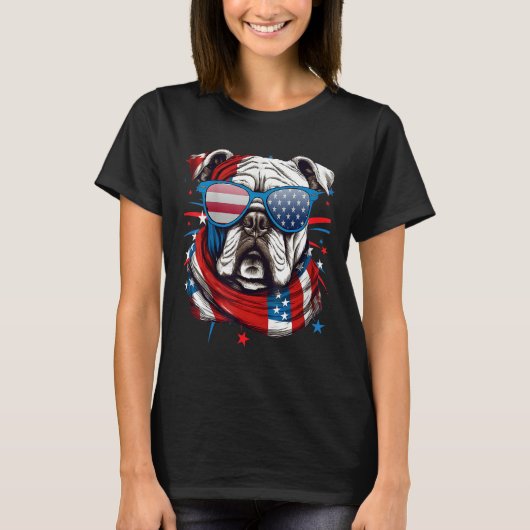 T-shirt 4th Of July Dog Bulldog American Flag Independence (Devant)