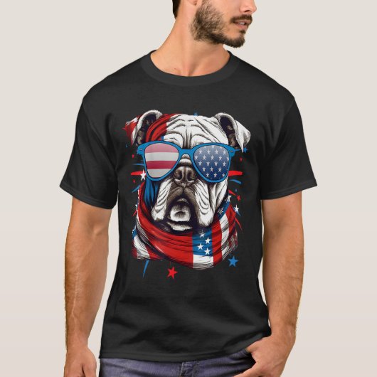 T-shirt 4th Of July Dog Bulldog American Flag Independence (Devant)
