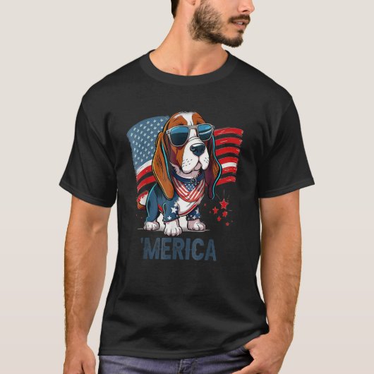 T-shirt 4th Of July Patriotic Basset Hound Dog Merica (Devant)