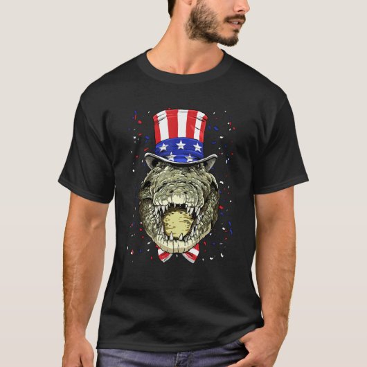 T-shirt 4th of July Patriotic Crocodile Wearing USA Flag H (Devant)