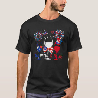 T-shirt 4th Of July Red White Blue Wine Glasses Fireworks 