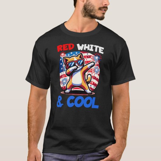 T-shirt 4th of July Red White & Cool Dabbing Kitty Cat Fun (Devant)