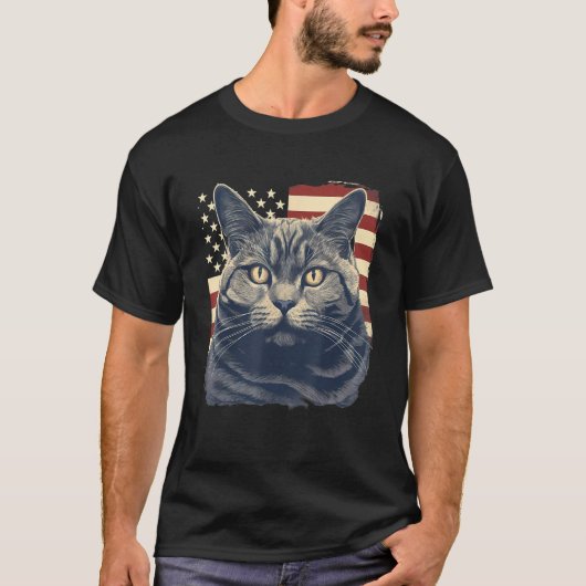 T-shirt 4th Of July US Flag Chartreux Cat (Devant)