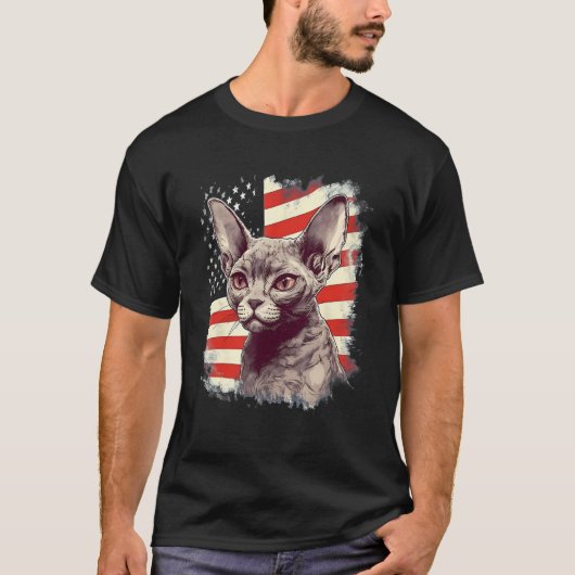 T-shirt 4th Of July US Flag Devon Rex Cat (Devant)