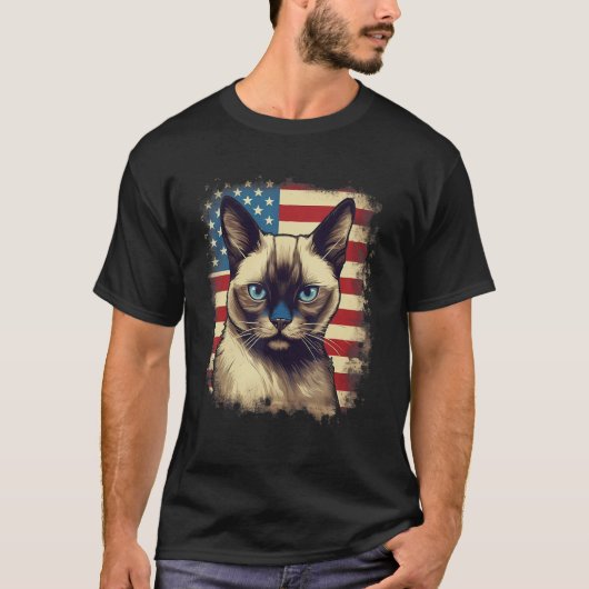 T-shirt 4th Of July US Flag Siamese Cat (Devant)