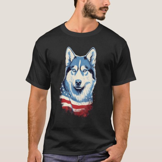 T-shirt 4th Of July US Flag Siberian Husky Dog (Devant)