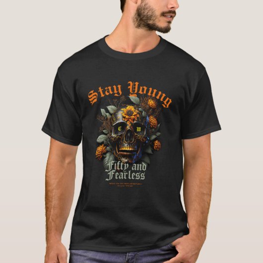 T-SHIRT 50E ANNIVERSAIRE NOIR ORANGE SKULL RESTER JEUNE (Devant)