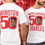 T-shirt 50e anniversaire nom personnalisé et rouge modèle<br><div class="desc">Joyeux 50e anniversaire rouge et blanc texte clair, photo sur mesure, photo de face, et t-shirt de nom. Fun 50ème photo personnalisée en rouge gras et contraste blanc design d'anniversaire. Personnalisez cette chemise d'anniversaire avec deux photos de la personne d'anniversaire au milieu du numéro 0 sur le devant et le...</div>