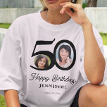 T-shirt 50e anniversaire photo nom personnalisé<br><div class="desc">Typographie audacieuse tendance 50 ans femme anniversaire drôle personnalisé t-shirt modèle léger avec 2 photos et moderne style rétro script noir. Facile à customiser avec votre texte et vos images.</div>