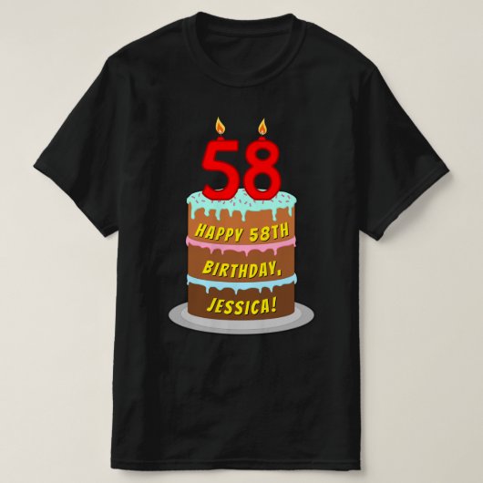 T-shirt 58e anniversaire — Fun Cake & Candles, avec nom pe (Design devant)