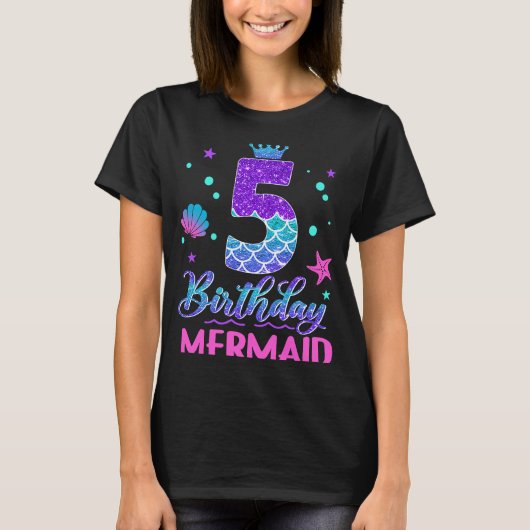 T-shirt 5 anniversaire Mermaid Queue 5 année fille Sirène (Devant)