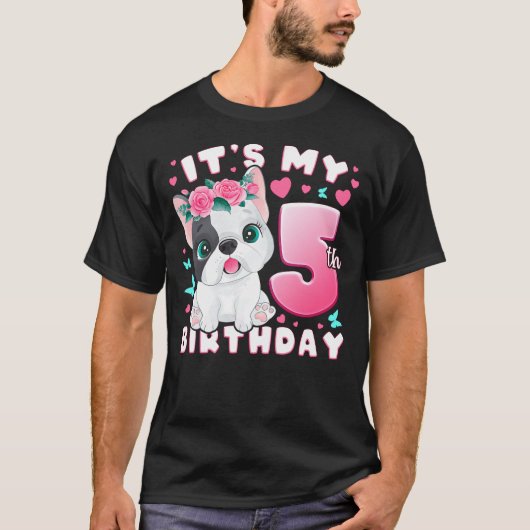 T-shirt 5th Birthday, Girl 5 Year, Dog, Puppy, Number 5 (Devant)