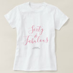 T-shirt 60 Fabuleux Pink Personnalisé Nom 60e anniversaire<br><div class="desc">Célébrez 60 ans de style avec ce tee-shirt 60e anniversaire moderne de nom personnalisé avec le texte 60 et sassy en élégant script bleu. Ajoutez simplement votre nom à ce t-shirt de célébration du 60e anniversaire. Un cadeau d'anniversaire parfait pour un enfant de 60 ans moderne, élégant et élégant. Conçu...</div>