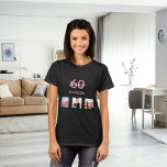 T-shirt 60e anniversaire photo personnalisée femme monogra<br><div class="desc">Pour un 60ème anniversaire en cadeau ou pour la fête. Un collage de 3 de vos photos d'elle-même amis, famille, intérêts ou animaux de compagnie. Personnalisez et ajoutez son nom, l'âge de 60 ans et une date. Date de naissance ou date de la fête d'anniversaire. Lettres de couleur rose et...</div>