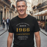 T-shirt 60th Birthday 1966 Ajouter Nom Black Gold Party<br><div class="desc">Custom 60th Birthday Guest of Honor Black and Gold T-Shirt - Né Édition 1966. Célébrez votre anniversaire d'étape avec style grâce à notre t-shirt Custom 60th Birthday Guest of Honor. Notre tee-shirt noir et or est la pièce parfaite pour cette occasion spéciale. Avec un design qui affiche fièrement "1966", portez...</div>