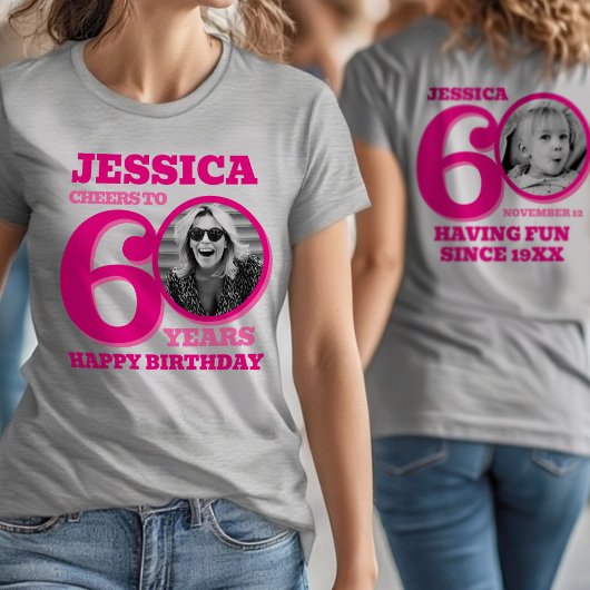 T-shirt 60th Birthday doubled sided photo name pink text