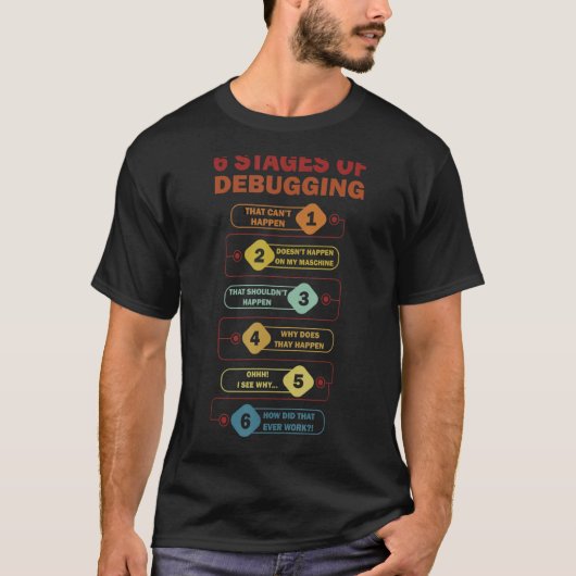 T-shirt 6 Étapes du débogage du logiciel de codeur de pile (Devant)