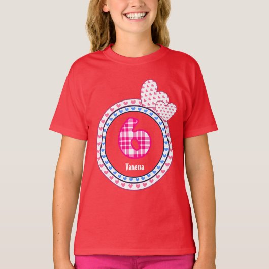 T-shirt 6e anniversaire Coeurs Cadeaux Plaid Motif V15 (Devant)