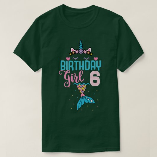T-shirt 6e anniversaire fille Unicorn Mermaid Queue 6 ans (Design devant)