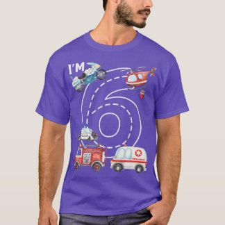 T-shirt 6th Birthday Fire Truck Ambulance Police Car 6 Yea