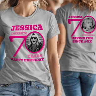 T-shirt 70e Anniversaire photo recto verso nom texte rose