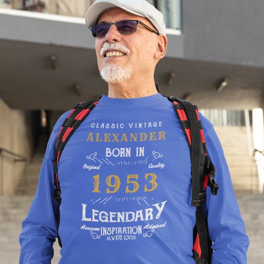 T-shirt 70th Birthday 1953 Ajouter Nom Blue Gold Legendary