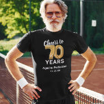 T-shirt 70th Birthday Age to Perfection<br><div class="desc">T-shirt personnalisé noir et or soixante-dixième anniversaire avec soixante-dix ballons d'hélium or,  le dicton "encourage à 70 ans",  "vieilli à la perfection",  et la date.</div>