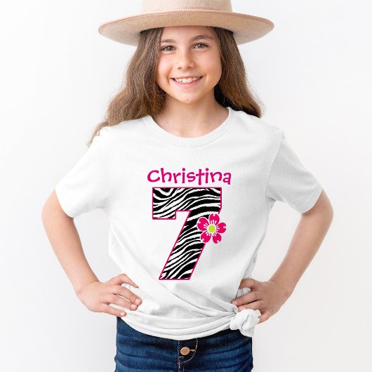 T-Shirt 7e anniversaire fille rose chaud et noir modèle Ze