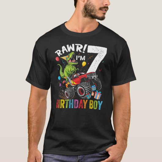 T-shirt 7th Birthday Boy Dinosaur Monster Truck (Devant)